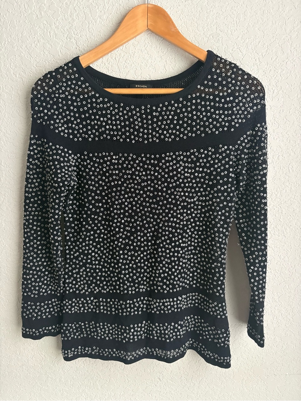 Escada Black Embellished Knit Sweater Silver Grommet Studded Made In Germany M